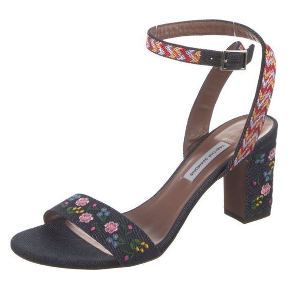 Tabitha Simmons Leticia Embroidered Floral Denim Heeled Sandals Sz 39.5 - Picture 1 of 13